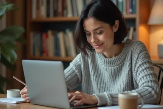 Femme abonnée à un magazine de psychologie positive gérant son compte en ligne depuis un bureau à domicile