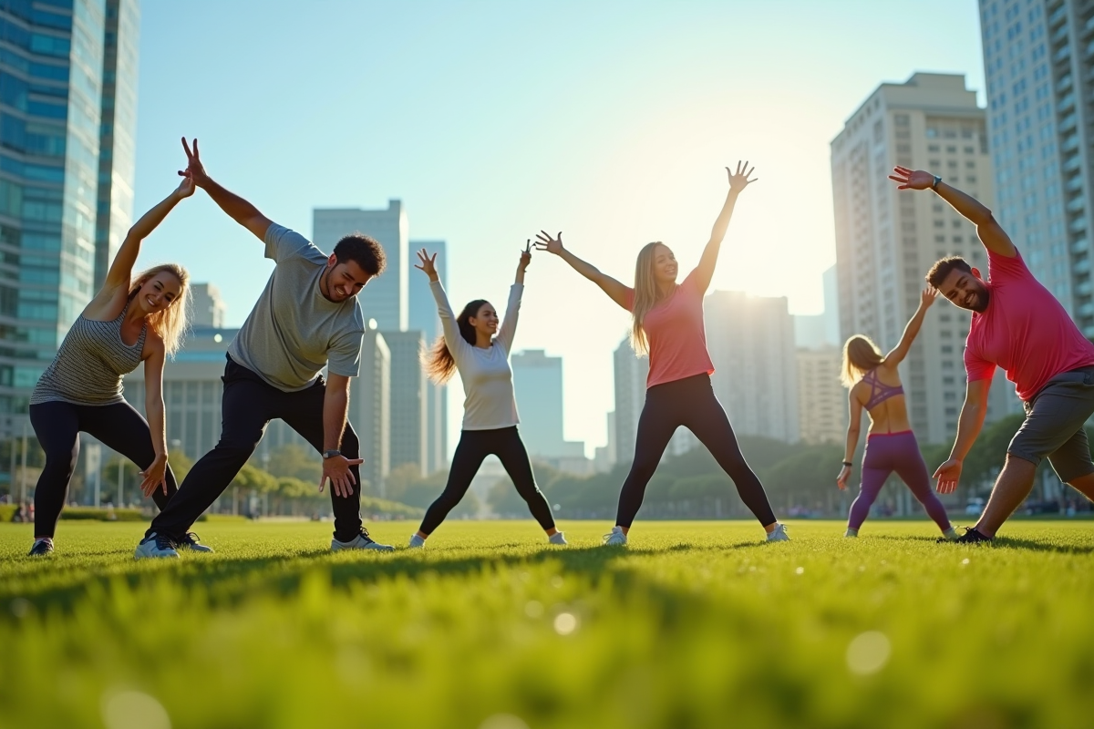 Adultes sportifs faisant des étirements dans un parc urbain