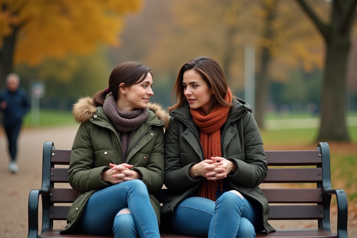 Deux femmes assises sur un banc de parc, l'une épuisée et silencieuse pendant que l'autre parle sans cesse, illustrant une amitié déséquilibrée avec une personne toxique