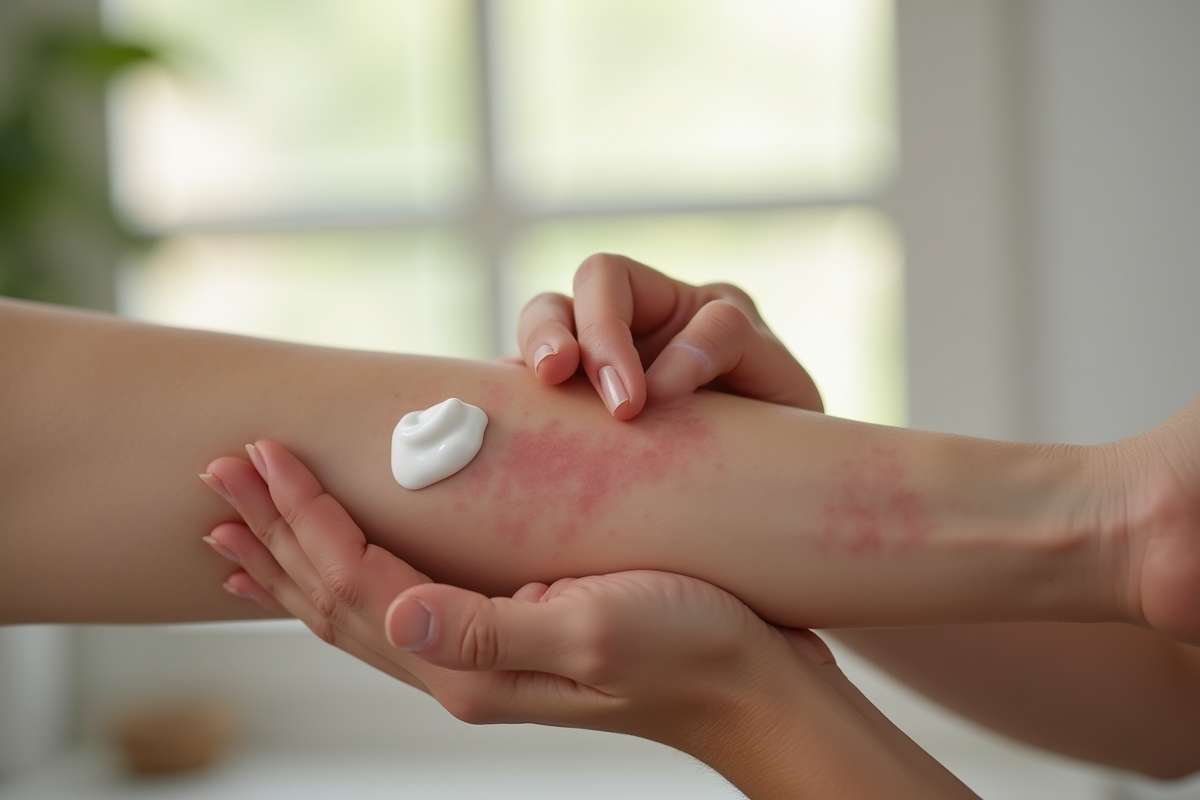Main appliquant une creme apaisante sur une peau irritée