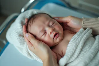 Bébé nouveau-né sur une couverture hospitalière avec sa mère