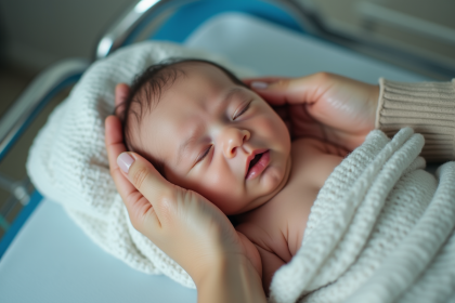 Bébé nouveau-né sur une couverture hospitalière avec sa mère