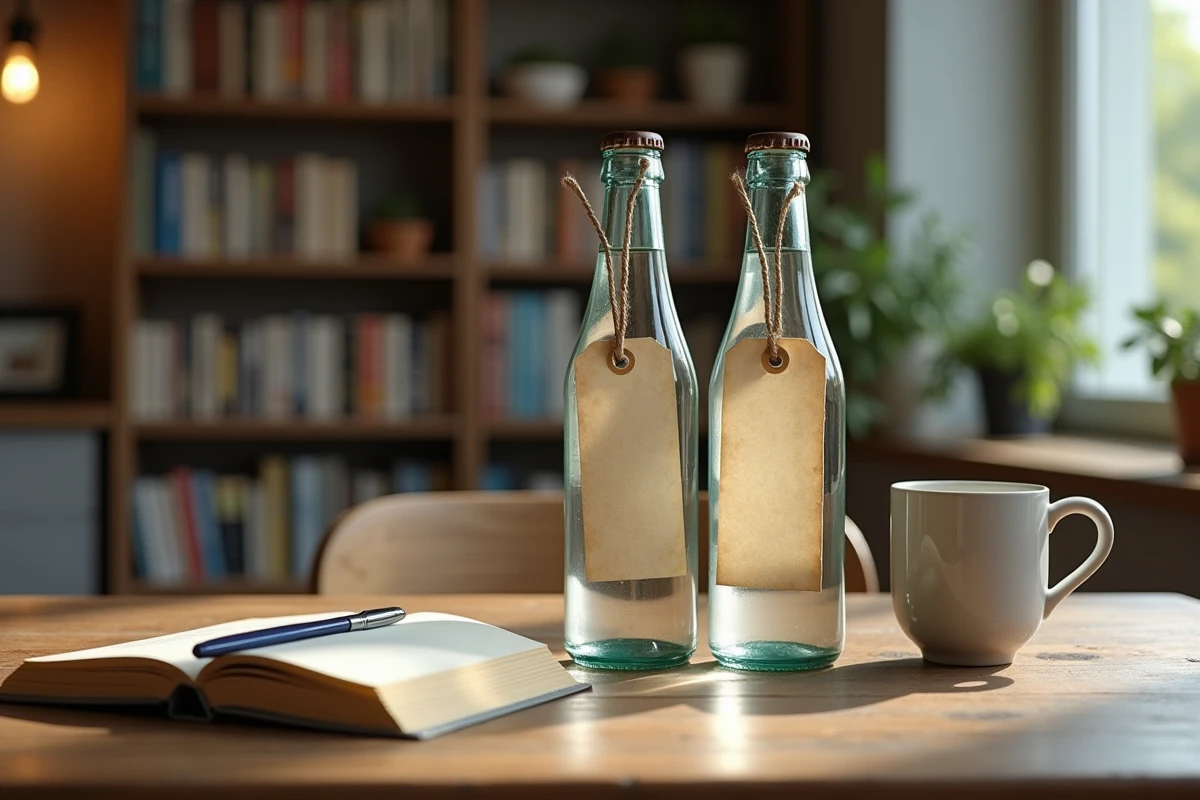 Deux bouteilles d'eau minérale posées sur une table en bois avec un cahier pour comparer les bienfaits contre la constipation