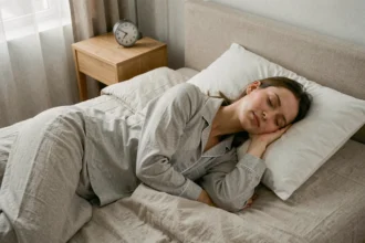 Femme endormie dans une chambre minimaliste illustrant le calcul de durée de sommeil et le respect de l'horloge interne