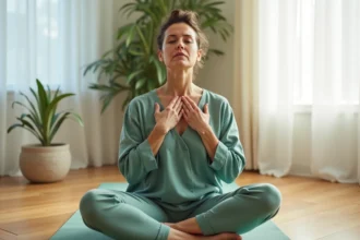 Femme en méditation touchant sa gorge, illustrant les symptômes d'un chakra gorge bloqué