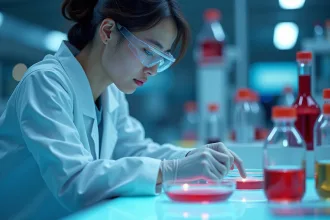 Chercheur en laboratoire examinant des boîtes de culture bactérienne