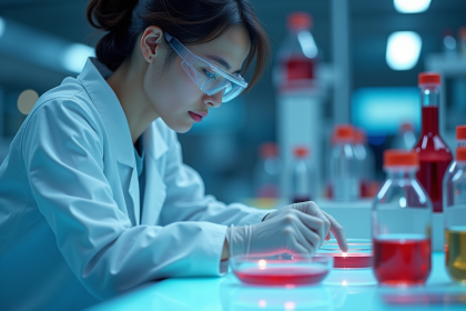 Chercheur en laboratoire examinant des boîtes de culture bactérienne