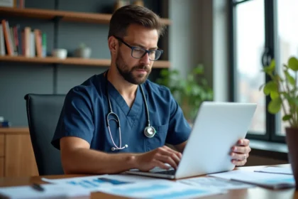 Chirurgien consultant des documents financiers dans son bureau de clinique pour optimiser ses revenus