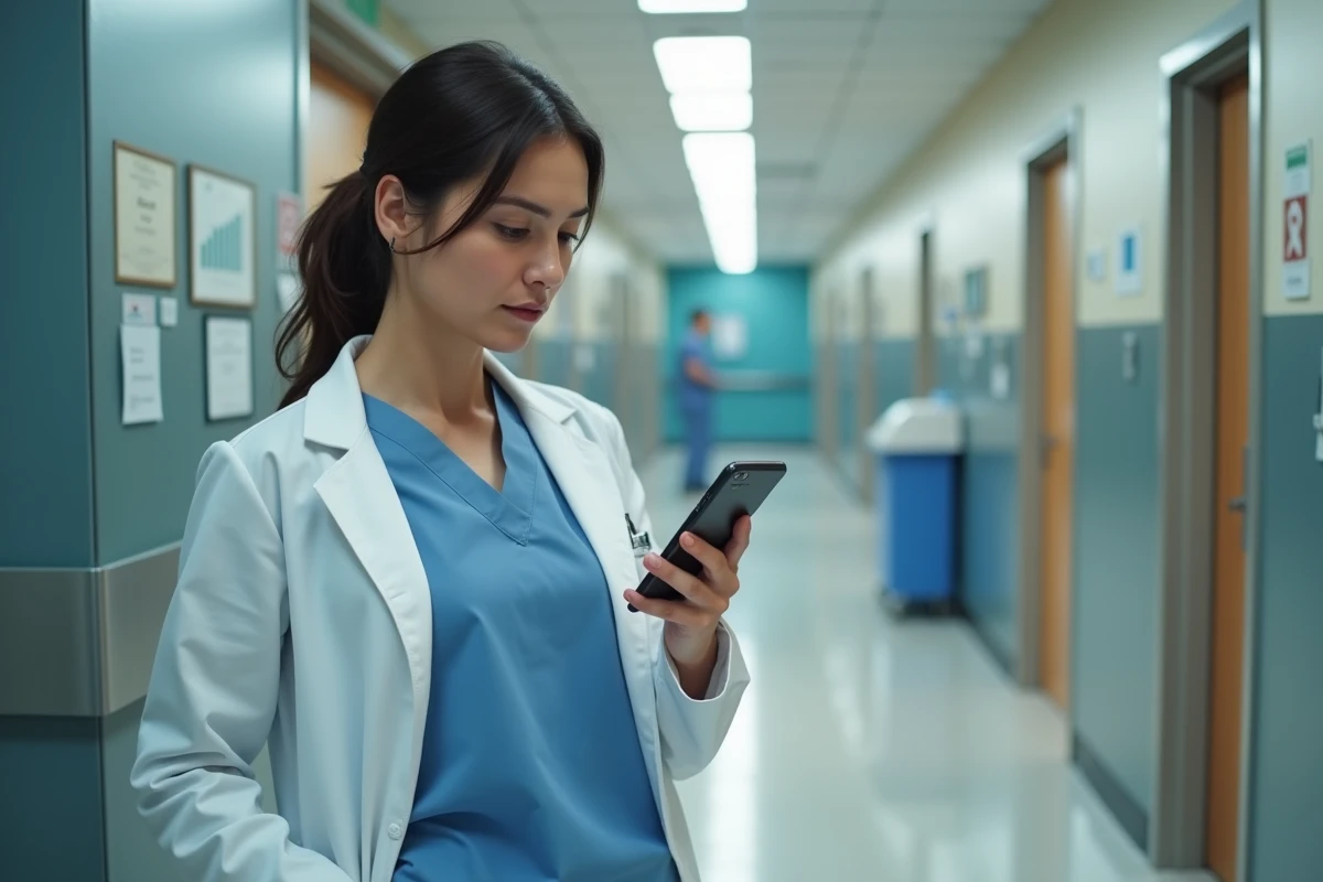 Chirurgienne consultant une application de gestion financière dans un couloir d'hôpital