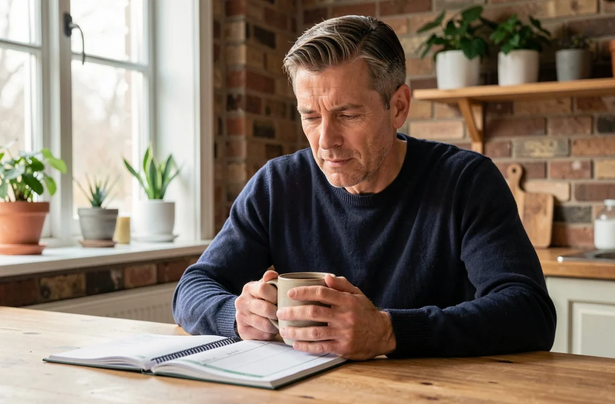 Homme consultant un journal de sommeil le matin illustrant l'adaptation du chronotype et des heures de sommeil