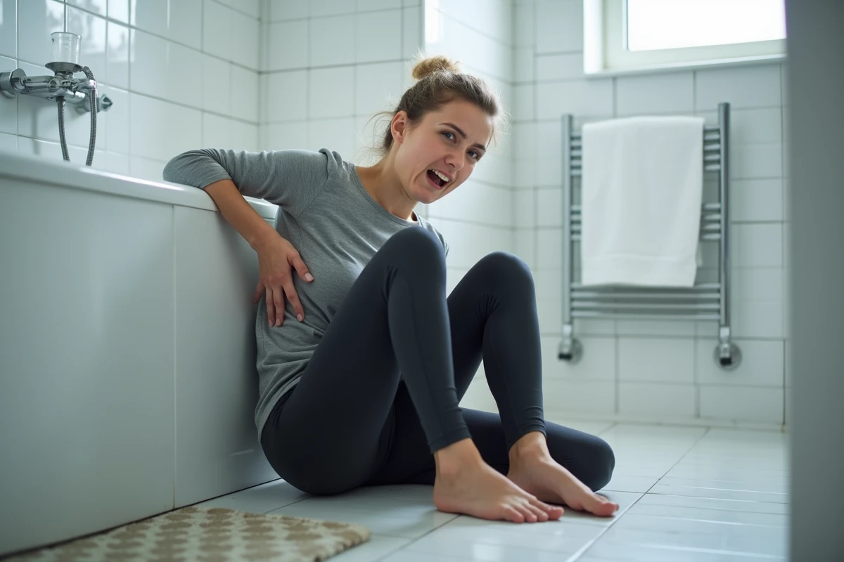 Femme assise sur le sol de la salle de bain après une chute, exprimant une douleur au sacrum, scène d'accident domestique réaliste