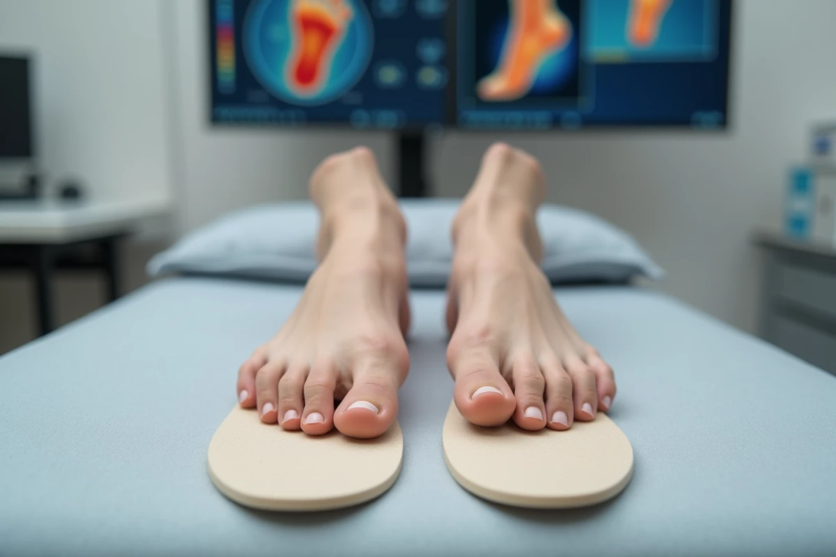 Comparaison entre pieds plats et semelle orthopédique thermoformée sur table d'examen podologique