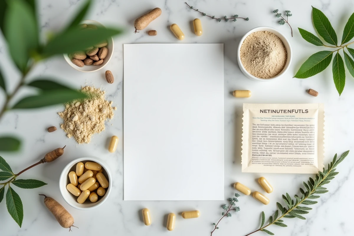 Gros plan sur la composition naturelle d'un complément alimentaire avec ingrédients et plantes