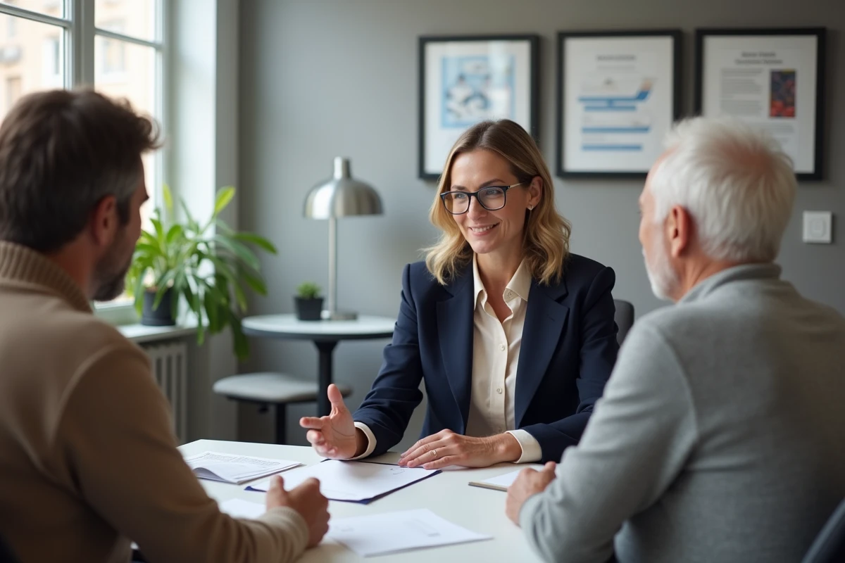 Conseiller en assurance discute avec un couple senior dans un bureau