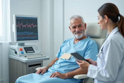 Patient âgé en consultation cardiologique après la pose d'un pacemaker, discutant de son suivi médical avec son cardiologue