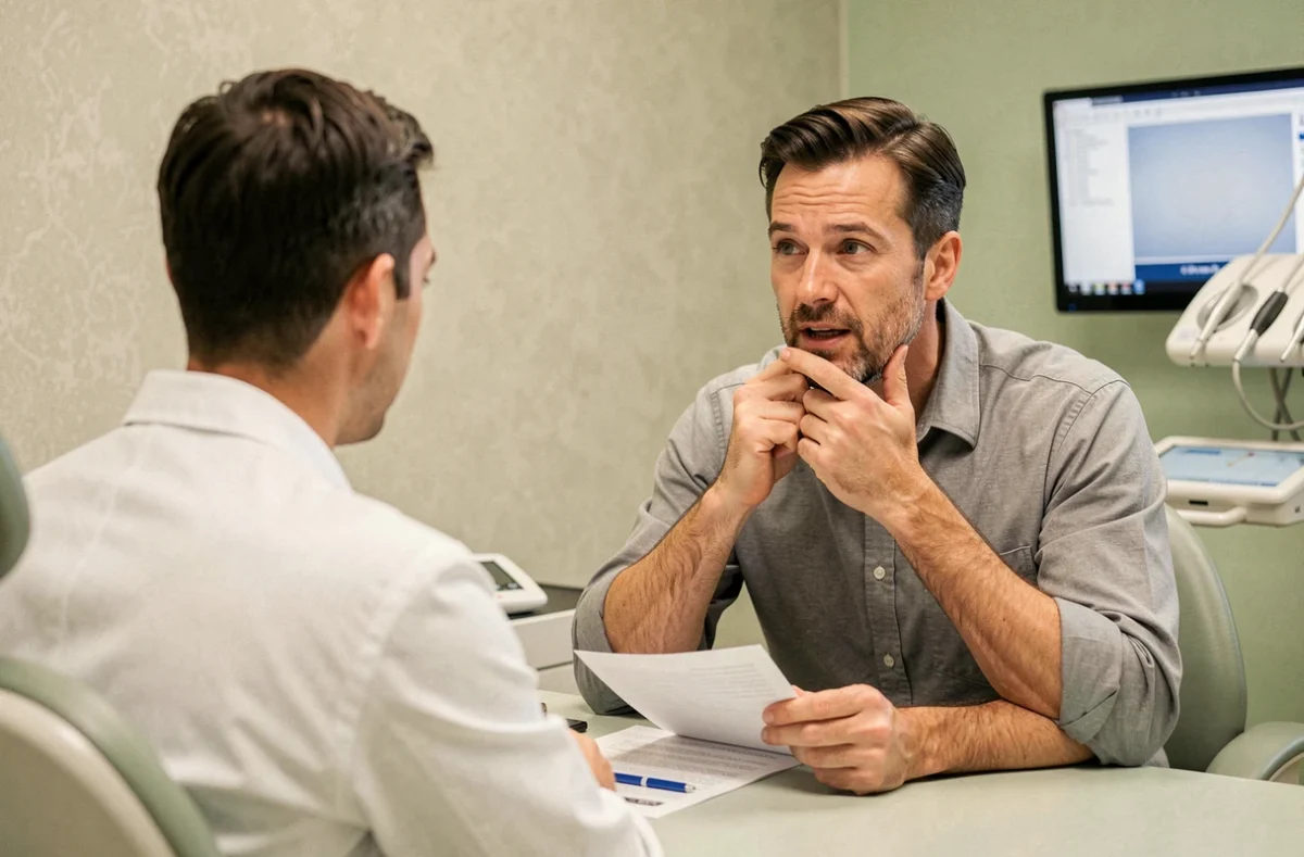 Patient expliquant sa douleur dentaire à un dentiste lors d'une consultation pour obtenir un arrêt de travail