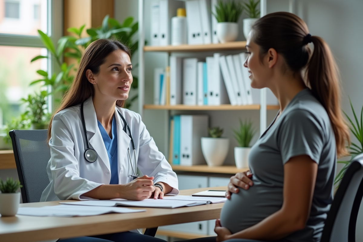 Médecin et femme enceinte en consultation dans un cabinet moderne
