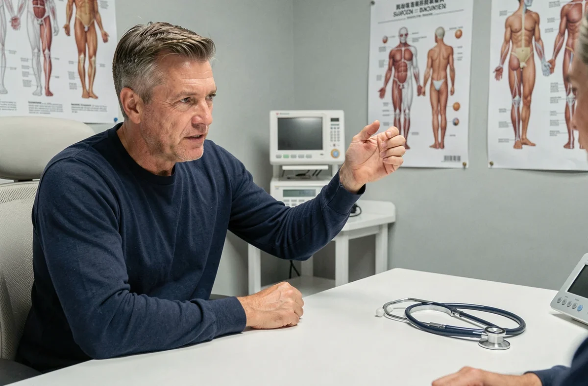 Homme consultant un médecin généraliste pour des fourmillements dans le bras, assis dans un cabinet médical