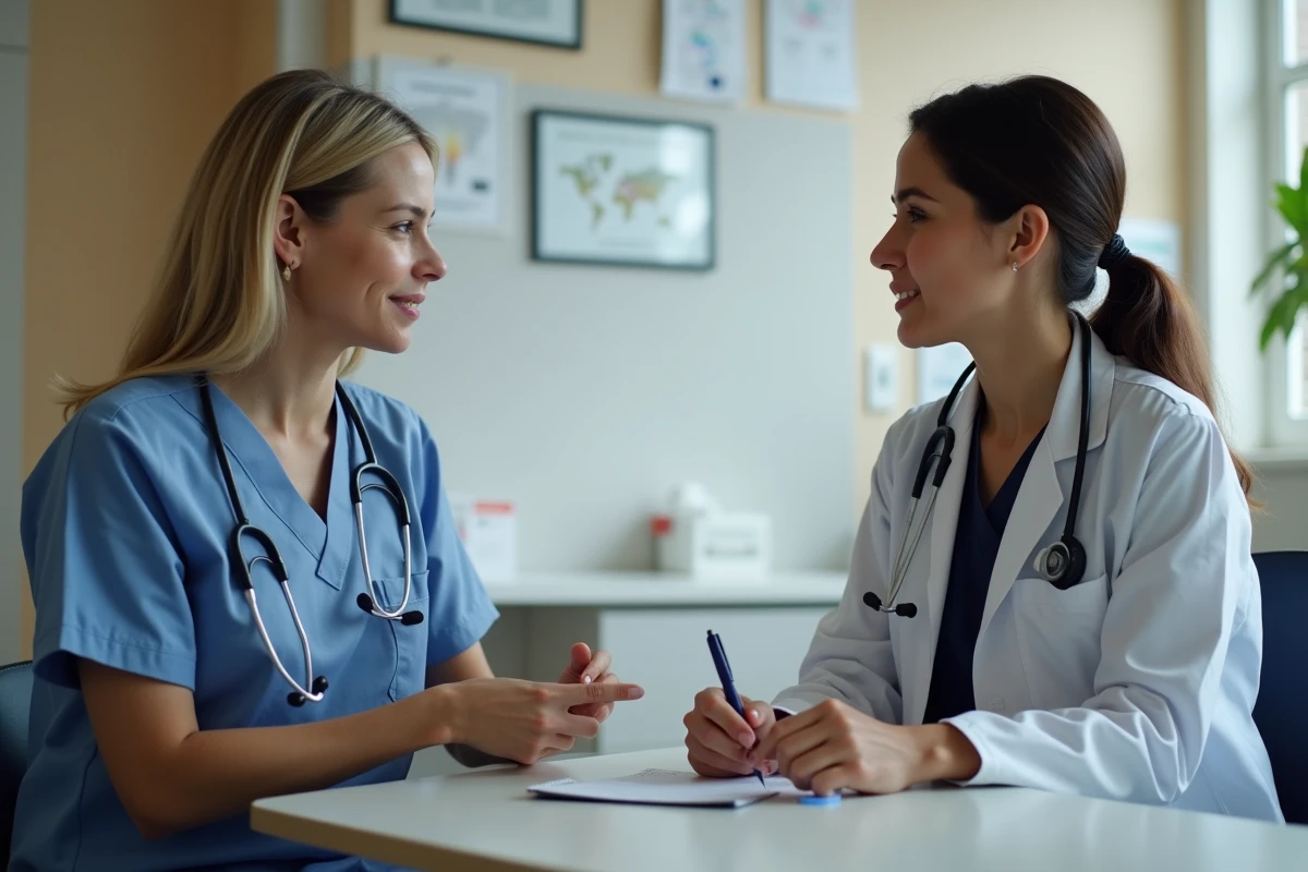 Consultation médicale entre un médecin et une patiente discutant d'une douleur chronique dans le bas-ventre côté gauche