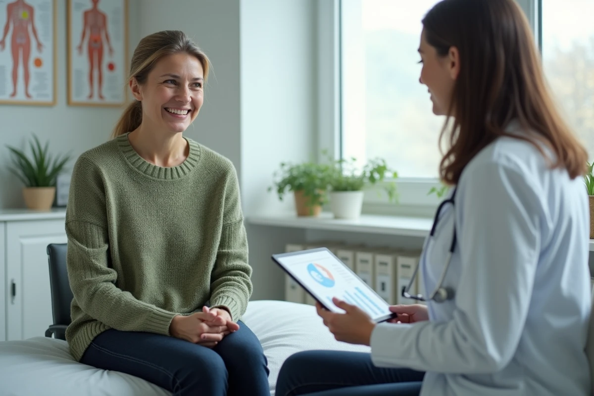 Femme consultant une médecin dans un cabinet moderne pour discuter d'une prise de poids inexpliquée, atmosphère calme et rassurante