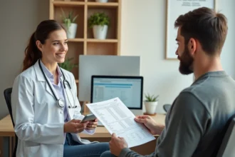 Médecin expliquant des résultats d'analyses sérologiques EBV à un patient lors d'une consultation médicale