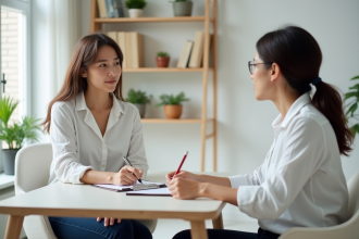 Jeune femme discutant avec un nutritionniste dans un cabinet moderne
