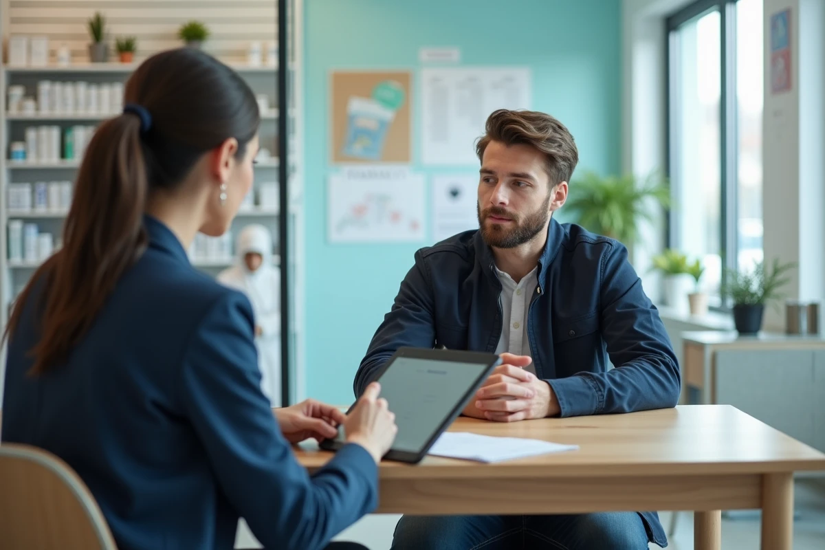 Jeune homme en consultation avec pharmacienne dans pharmacie