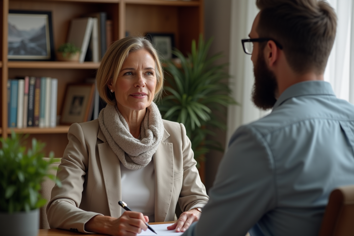 Femme en blazer et psychologue homme en bureau moderne