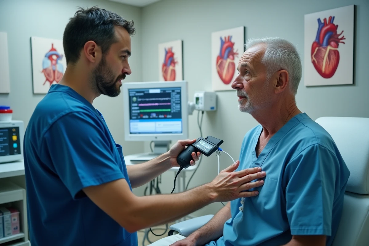 Technicien cardiologique effectuant un contrôle télémétrique du pacemaker d'un patient lors d'une consultation de suivi spécialisée