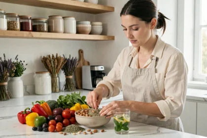 Femme préparant un bol de légumes frais et de graines comme coupe-faim naturels dans une cuisine moderne