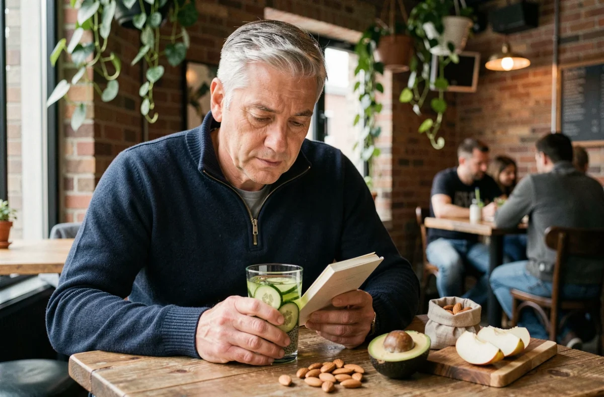 Homme en pause déjeuner avec des aliments coupe-faim naturels comme des amandes et du thé vert dans un café