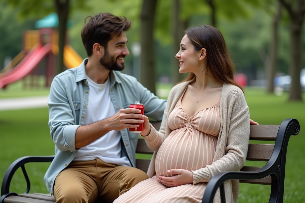 Jeune couple assis sur un banc dans un parc