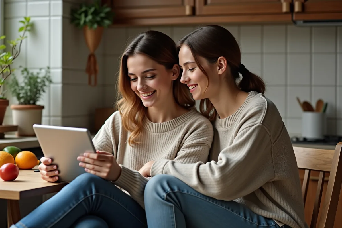 Jeune couple regarde un site santé sur une tablette à la cuisine