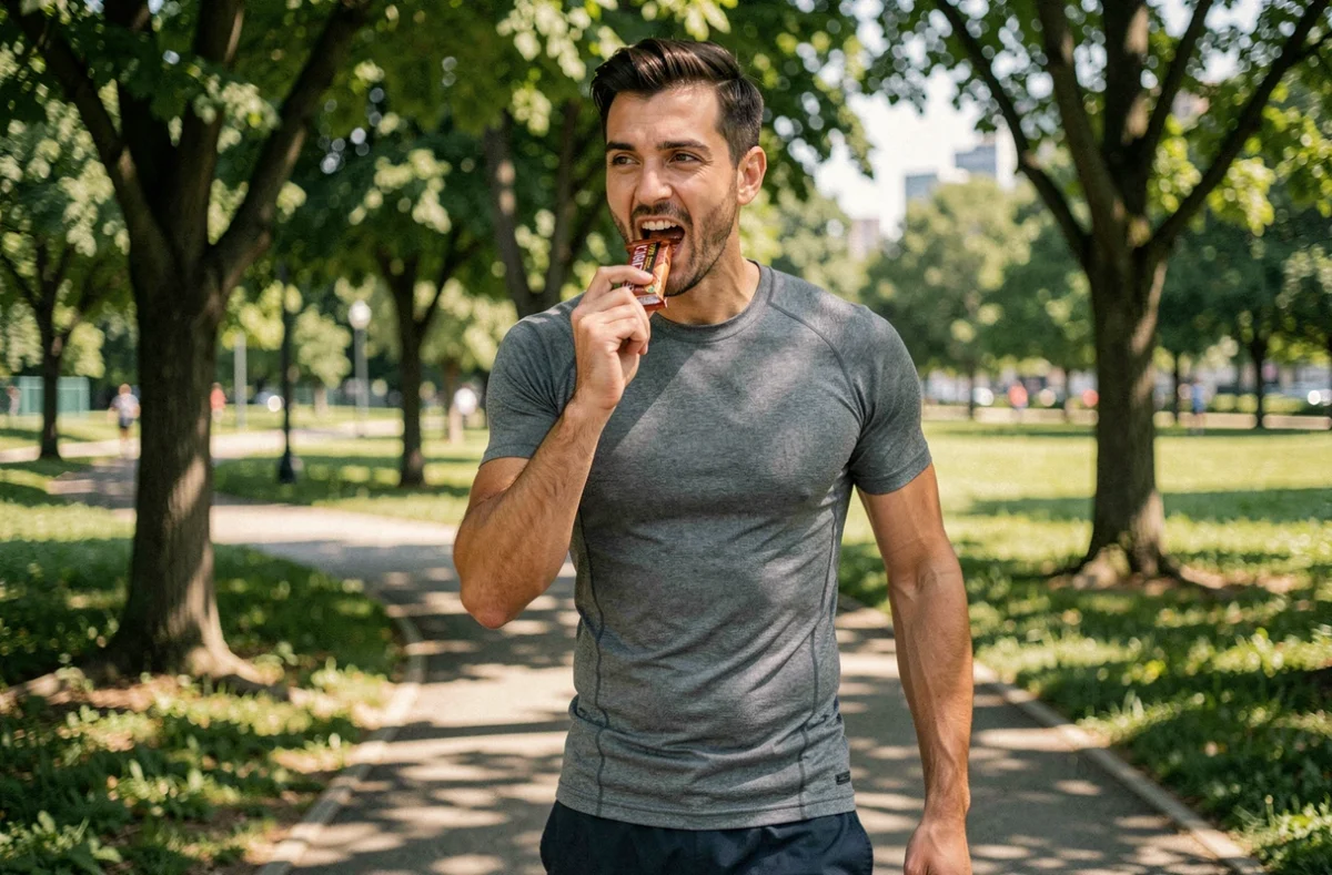 Coureur masculin mangeant une barre énergétique lors d'une pause sur un sentier de parc urbain
