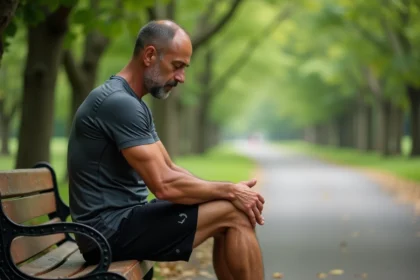 Homme courant se massant la jambe dans un parc