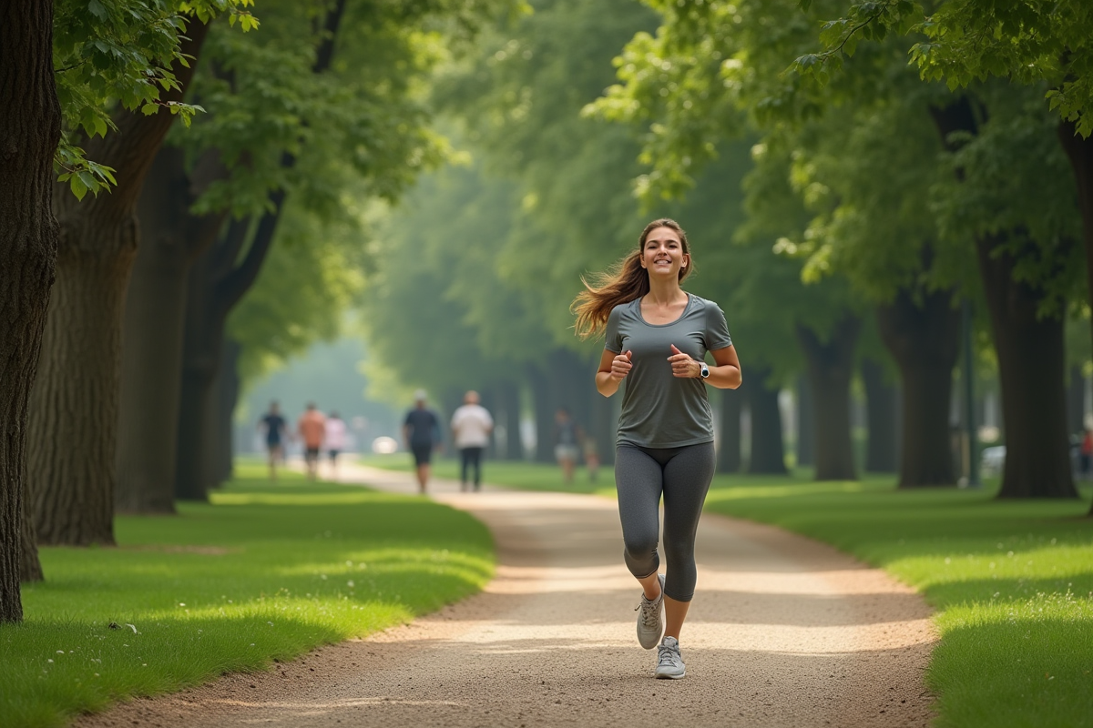 Femme courant dans un parc urbain au matin