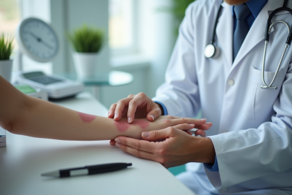 Dermatologue examinant une peau rouge sur le bras d'un patient