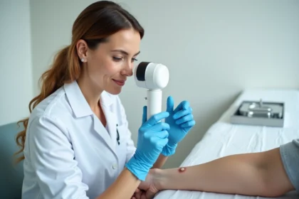 Dermatologue examinant une verrue séborrhéique sur l'avant-bras d'un patient avec un dermatoscope en consultation médicale