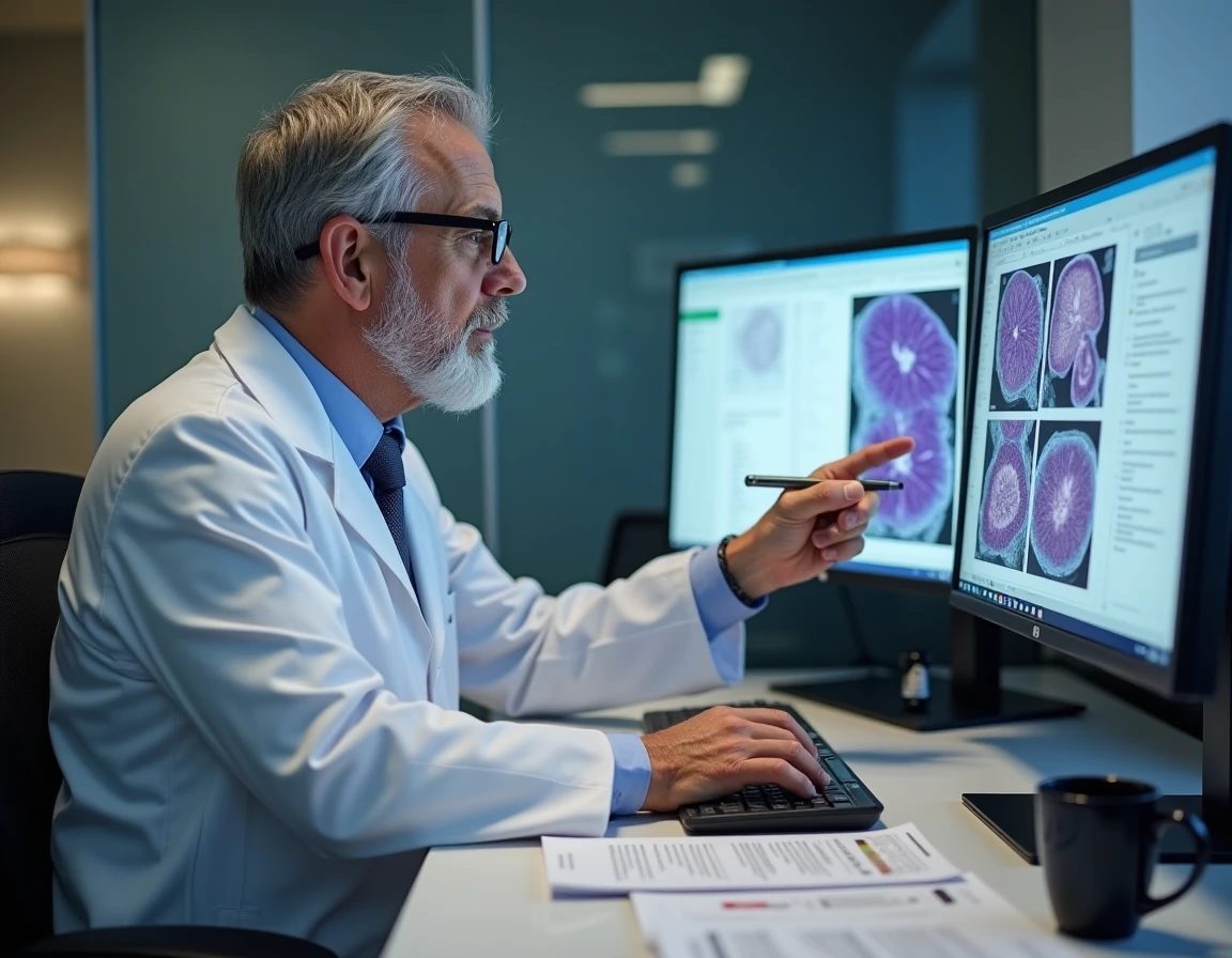 Dermatopathologiste analysant des images numériques de tissus cutanés cancéreux sur écran d'ordinateur en anatomopathologie numérique