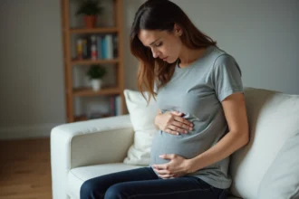 Femme tenant son bas-ventre gauche assise sur un canapé, illustrant une douleur chronique abdominale basse à gauche