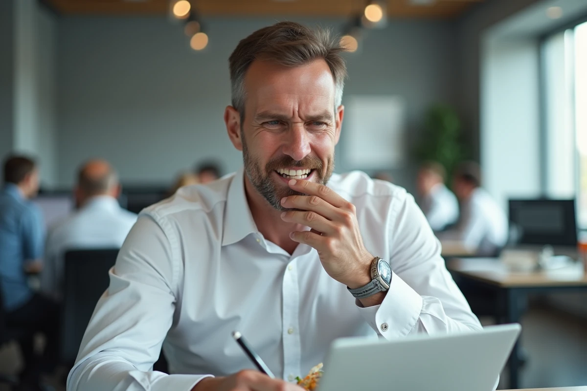 Homme en costume ressentant une douleur à la dent en appuyant dessus après le déjeuner au bureau