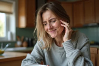 Femme appuyant sur sa joue avec une expression de douleur dentaire après un repas dans une cuisine