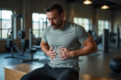Homme tenant son côté douloureux après une douleur intercostale survenue lors d'un effort physique en salle de sport