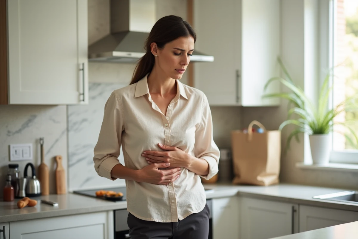Femme souffrant d'une douleur intercostale après un faux mouvement dans la cuisine à domicile
