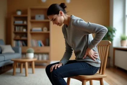 Femme tenant son bas du dos après une chute, assise sur une chaise en bois dans un intérieur moderne, exprimant une douleur au sacrum