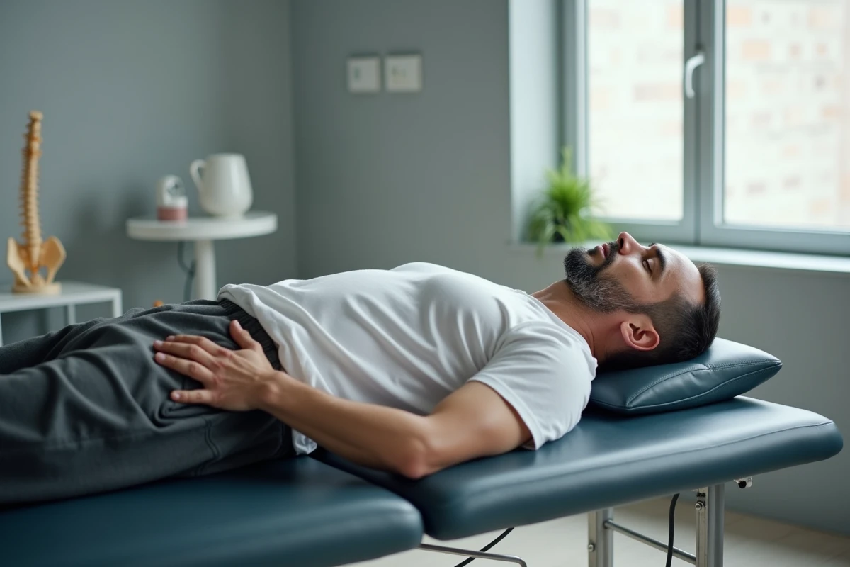 Homme allongé sur une table de kinésithérapie avec une douleur au sacrum, dans un cabinet médical moderne, genou fléchis pour soulager la douleur