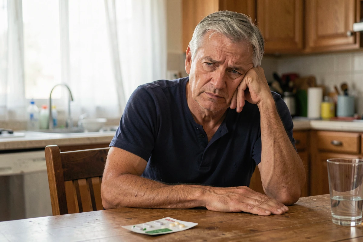Homme fatigué à domicile après une perfusion de fer, illustrant les effets secondaires au quotidien comme la fatigue persistante