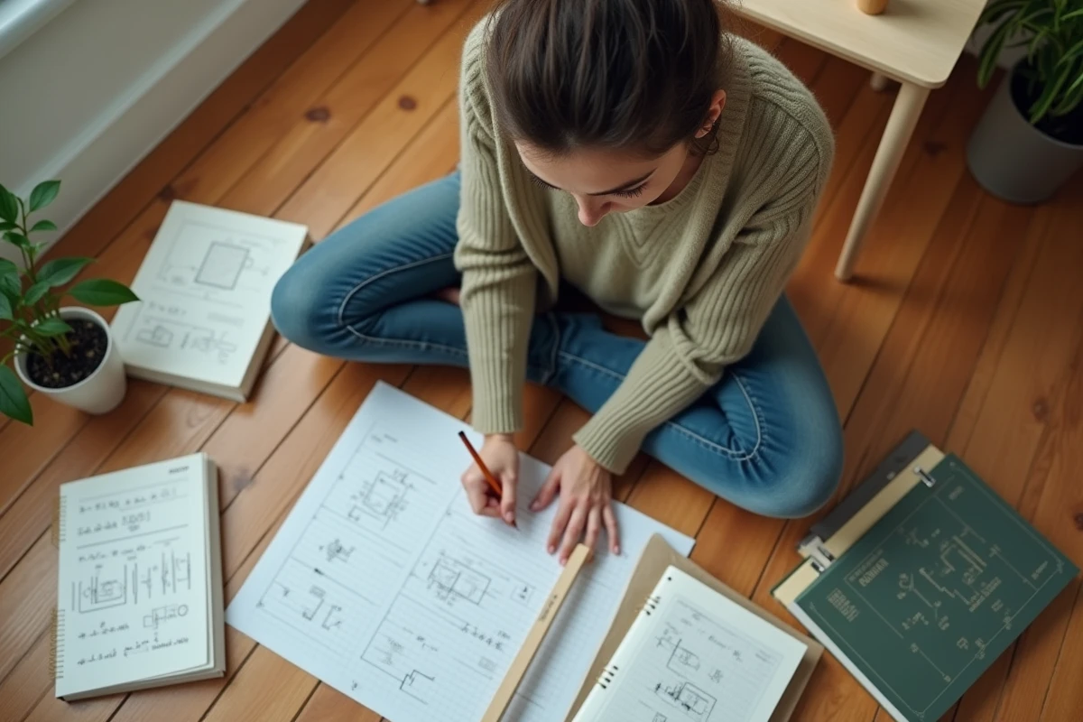 Jeune femme résolvant des équations de lois de Kirchhoff sur papier millimétré entourée de manuels d'électronique à la maison