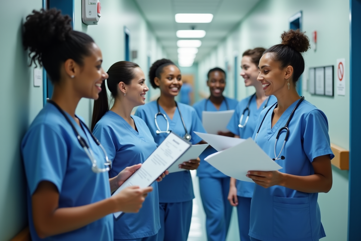 Equipe d infirmiers souriants collaborant dans un couloir d hôpital dynamique