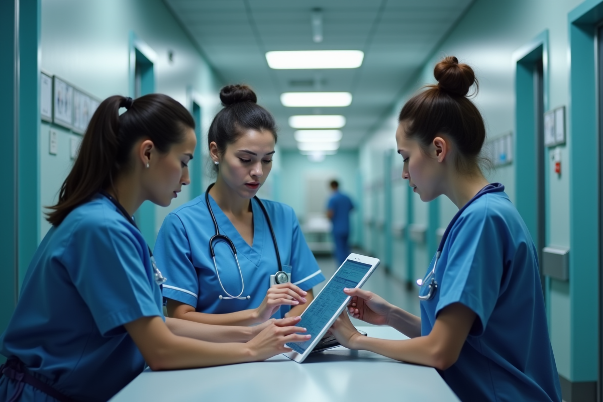 Equipe d infirmiers collaborant avec tablettes dans un couloir